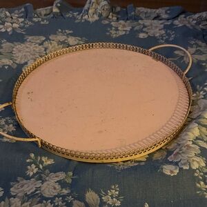 Vintage round Pink Metal Tray with Handles